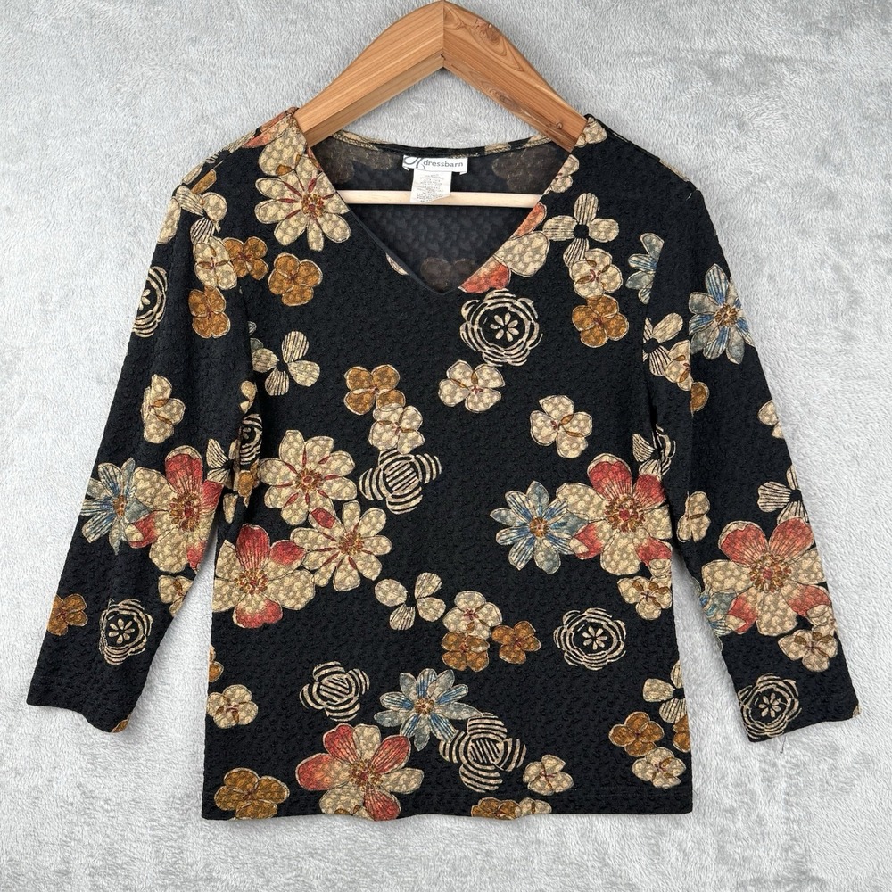 Dressbarn Blouse Womens Medium M Dark Floral 3/4 Sleeve V-Neck‎ USA Made Fairy